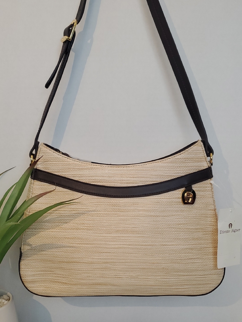 Etienne Aigner Cream Woven Shoulder Bag with Black Trim - Picture 1 of 4